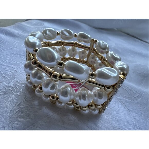 Lilly Pulitzer CZ Cuff Bracelet Gold-tone Rhinestone Faux Pearls Stretch NWT - Picture 8 of 12